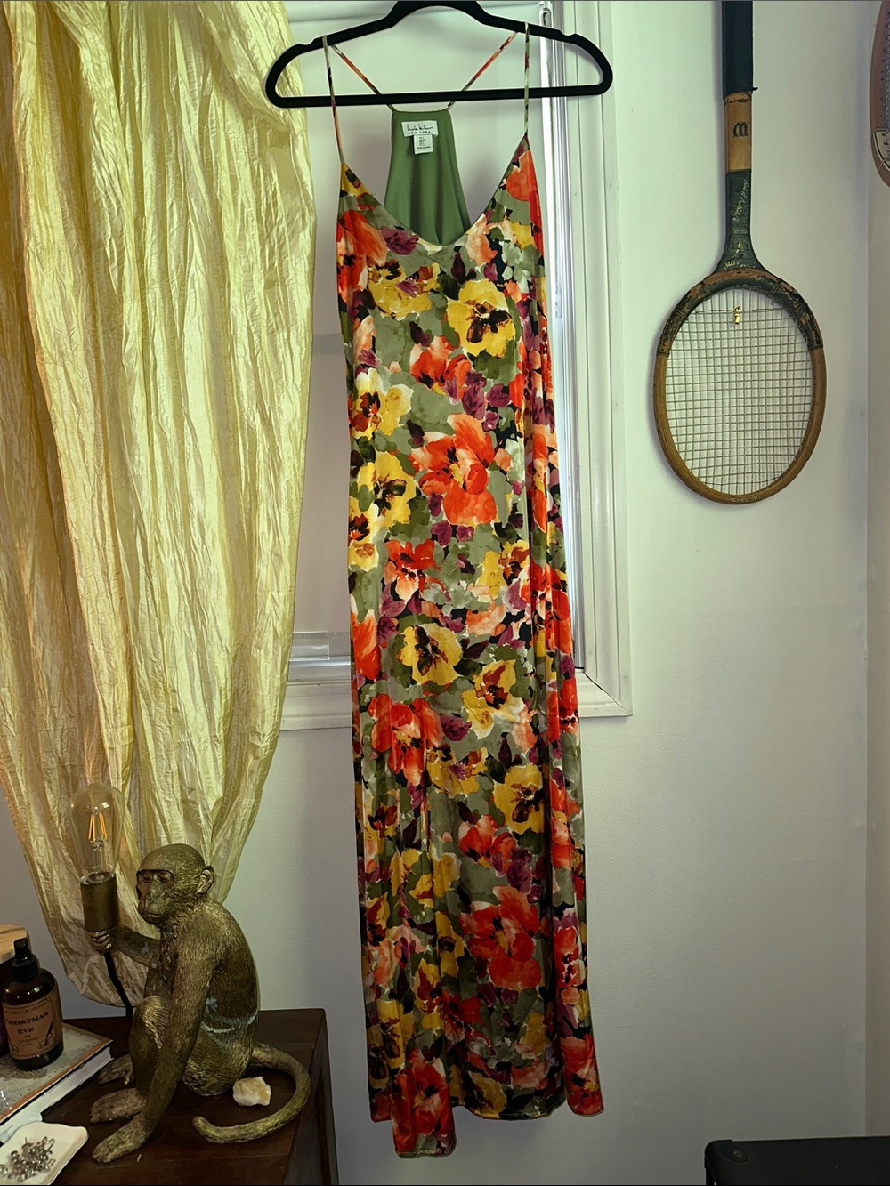 Nicole Miller Floral Maxi Slip Dress in Olive, Red & Yellow